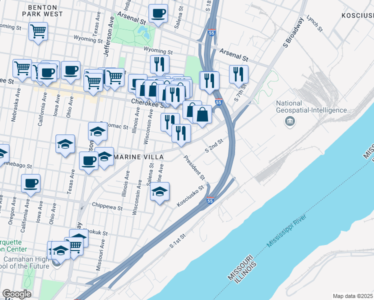 map of restaurants, bars, coffee shops, grocery stores, and more near 3542 South Broadway in St. Louis