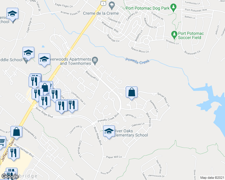 map of restaurants, bars, coffee shops, grocery stores, and more near 16769 Powells Creek Boulevard in Woodbridge