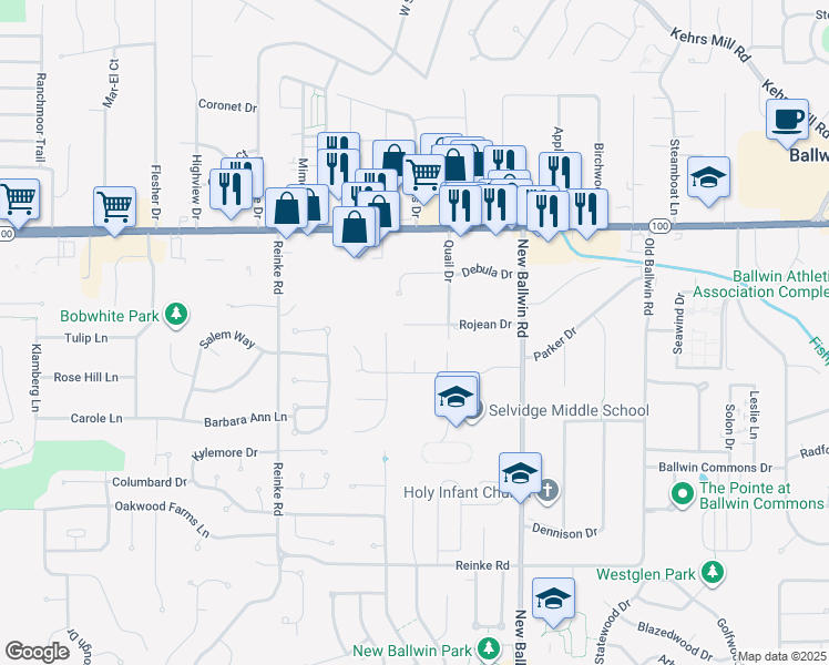 map of restaurants, bars, coffee shops, grocery stores, and more near 784 Rojean Drive in Ellisville