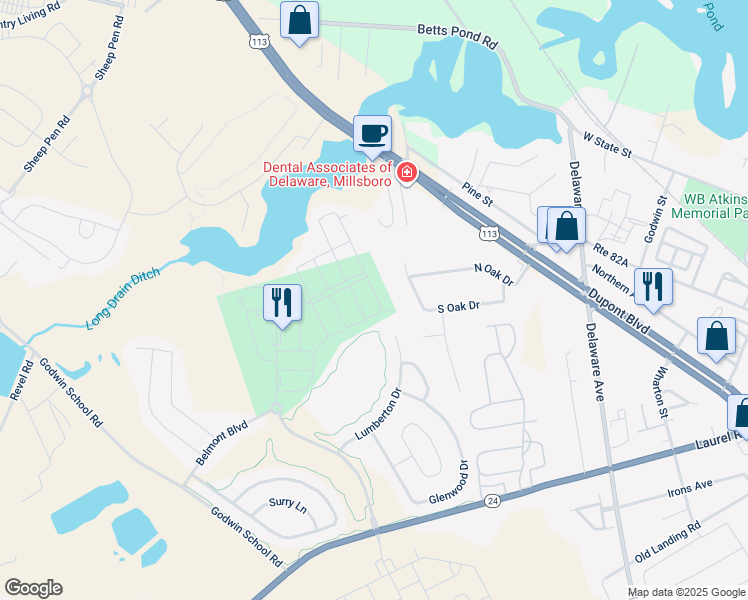 map of restaurants, bars, coffee shops, grocery stores, and more near 20899 Brunswick Lane in Millsboro