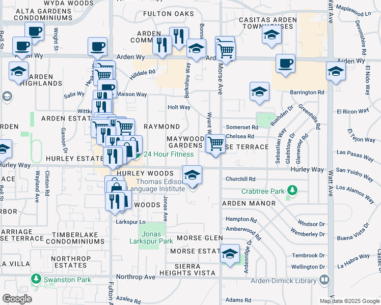 map of restaurants, bars, coffee shops, grocery stores, and more near 1304 Topaz Way in Sacramento