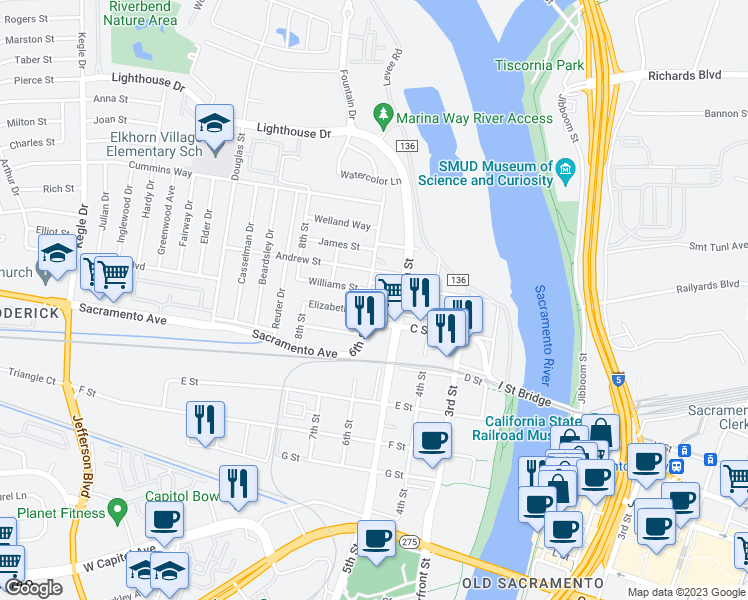 map of restaurants, bars, coffee shops, grocery stores, and more near 217 6th Street in West Sacramento
