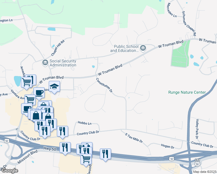 map of restaurants, bars, coffee shops, grocery stores, and more near 301 Virginia Trail in Jefferson City