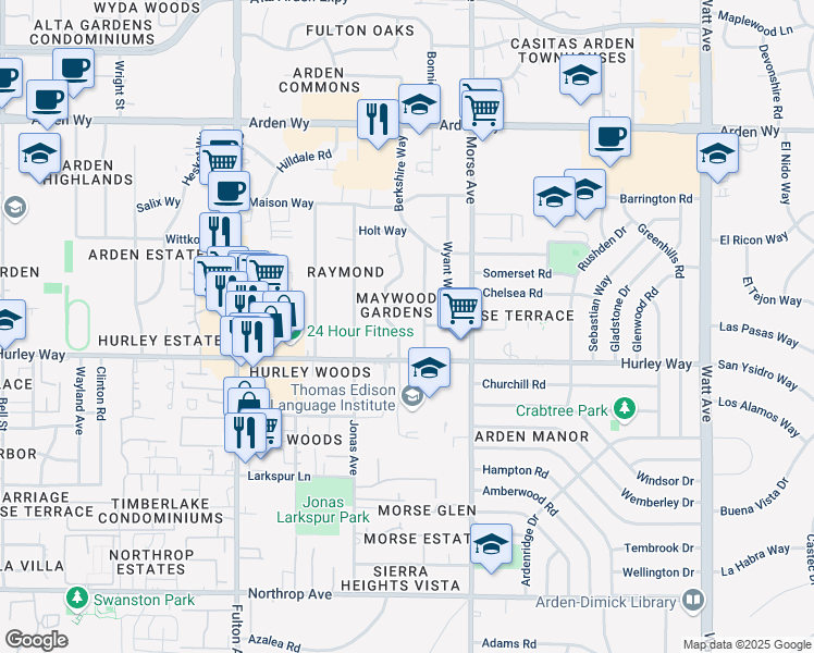 map of restaurants, bars, coffee shops, grocery stores, and more near 1304 Topaz Way in Sacramento