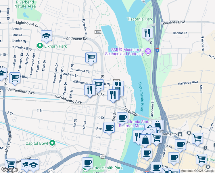 map of restaurants, bars, coffee shops, grocery stores, and more near 416 C Street in West Sacramento
