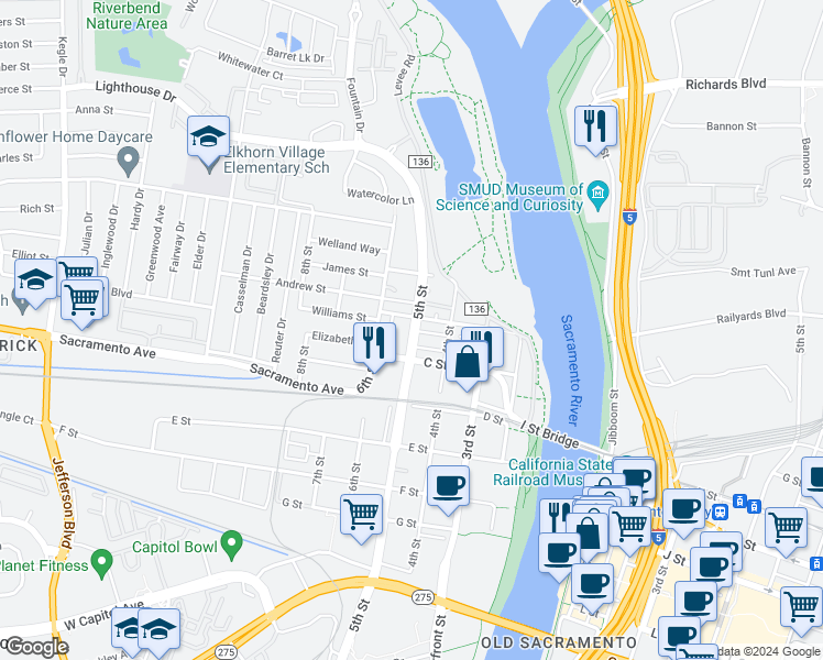 map of restaurants, bars, coffee shops, grocery stores, and more near 416 C Street in West Sacramento