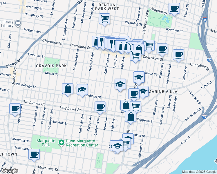 map of restaurants, bars, coffee shops, grocery stores, and more near 3636 Iowa Avenue in St. Louis