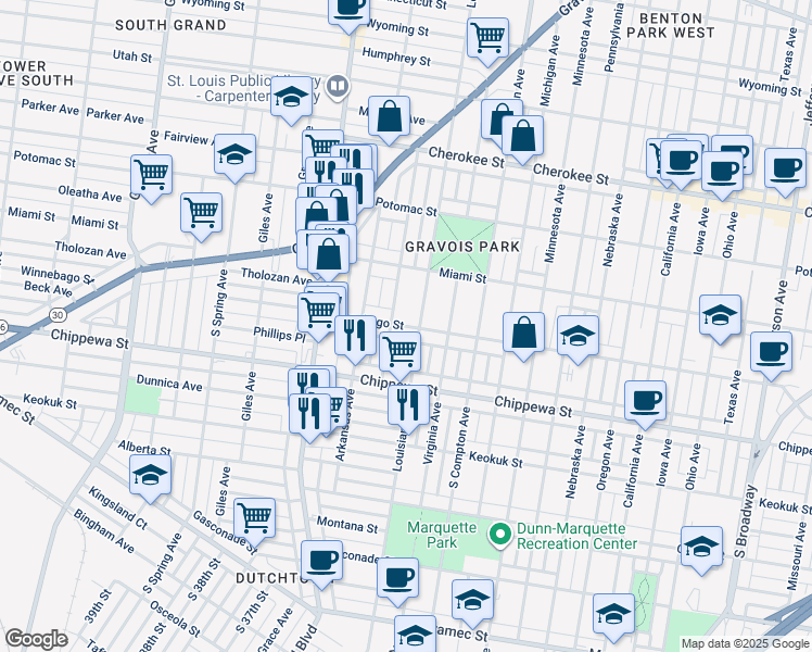 map of restaurants, bars, coffee shops, grocery stores, and more near 3726 Tennessee Avenue in St. Louis