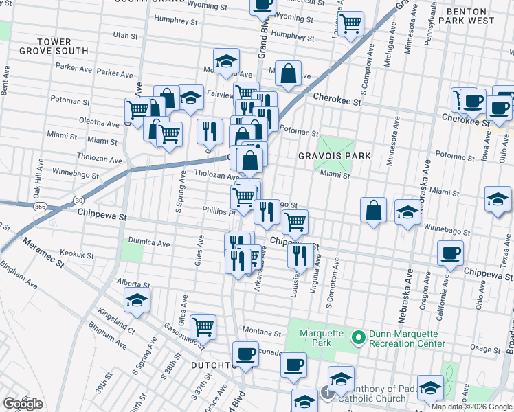 map of restaurants, bars, coffee shops, grocery stores, and more near 3729 Arkansas Avenue in St. Louis
