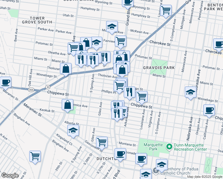 map of restaurants, bars, coffee shops, grocery stores, and more near 3641 Chippewa Street in St. Louis