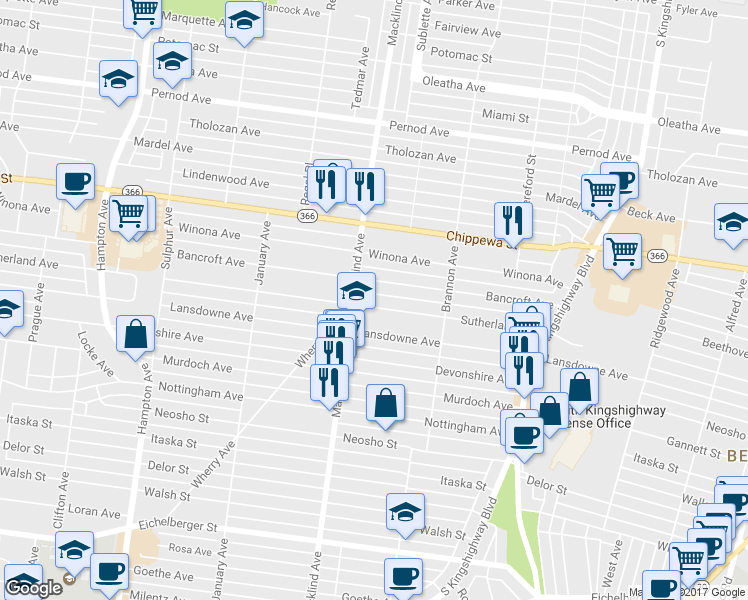 map of restaurants, bars, coffee shops, grocery stores, and more near 5319 Lansdowne Avenue in St. Louis