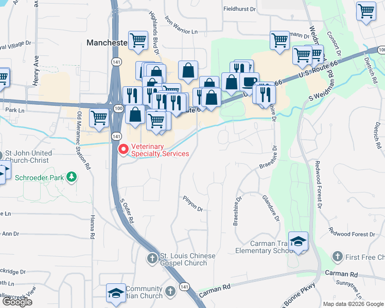 map of restaurants, bars, coffee shops, grocery stores, and more near 359 Old Meramec Station Road in Ballwin