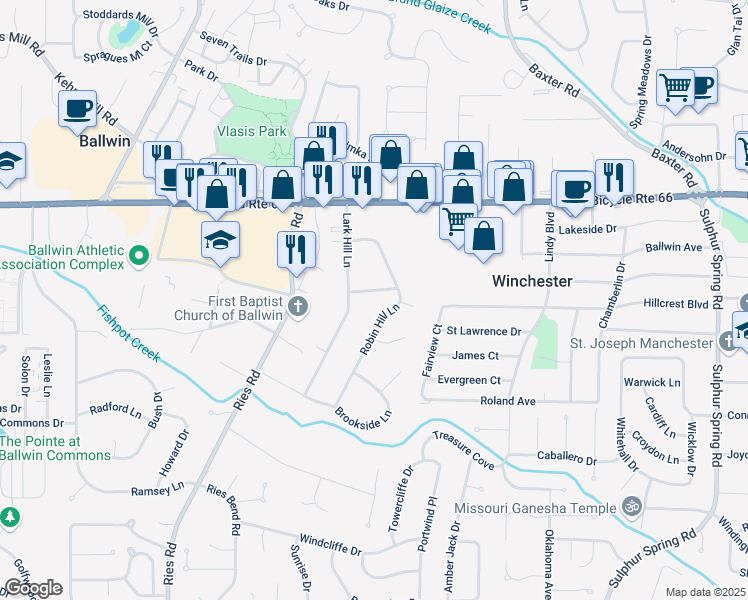 map of restaurants, bars, coffee shops, grocery stores, and more near 204 Robin Hill Lane in Ballwin