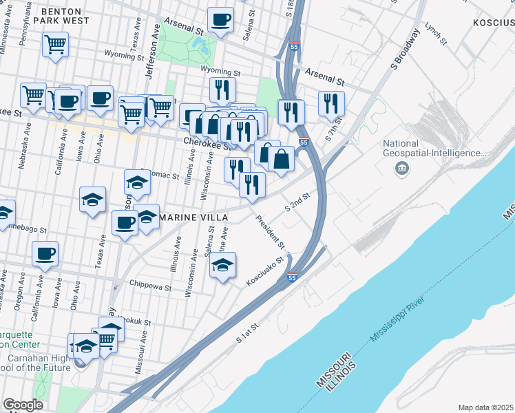 map of restaurants, bars, coffee shops, grocery stores, and more near 3542 South Broadway in St. Louis