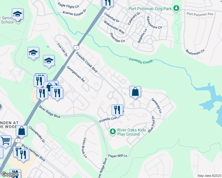 map of restaurants, bars, coffee shops, grocery stores, and more near 2724 Brier Pond Circle in Woodbridge