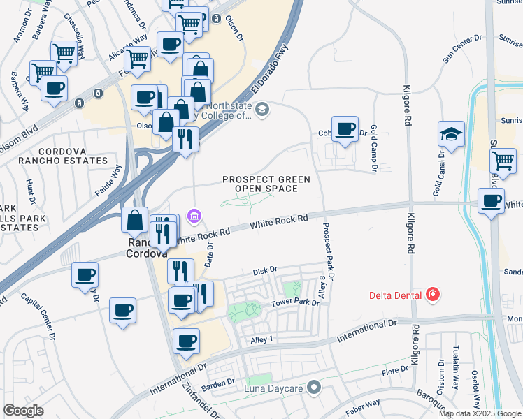 map of restaurants, bars, coffee shops, grocery stores, and more near 10911 White Rock Road in Rancho Cordova
