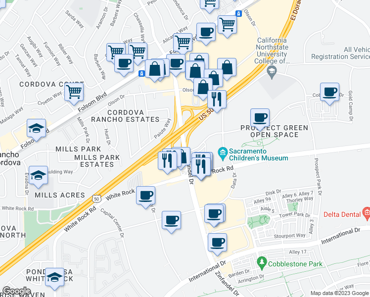 map of restaurants, bars, coffee shops, grocery stores, and more near 3029 Zinfandel Drive in Rancho Cordova
