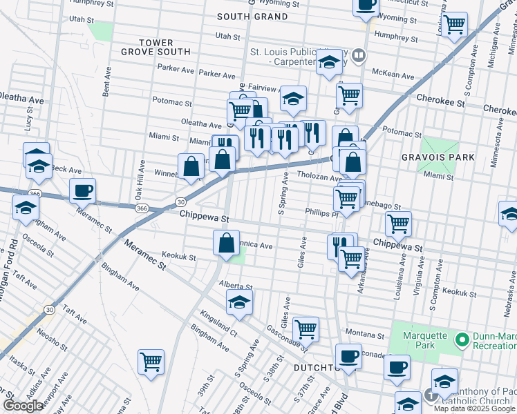 map of restaurants, bars, coffee shops, grocery stores, and more near 3717 Bamberger Avenue in St. Louis