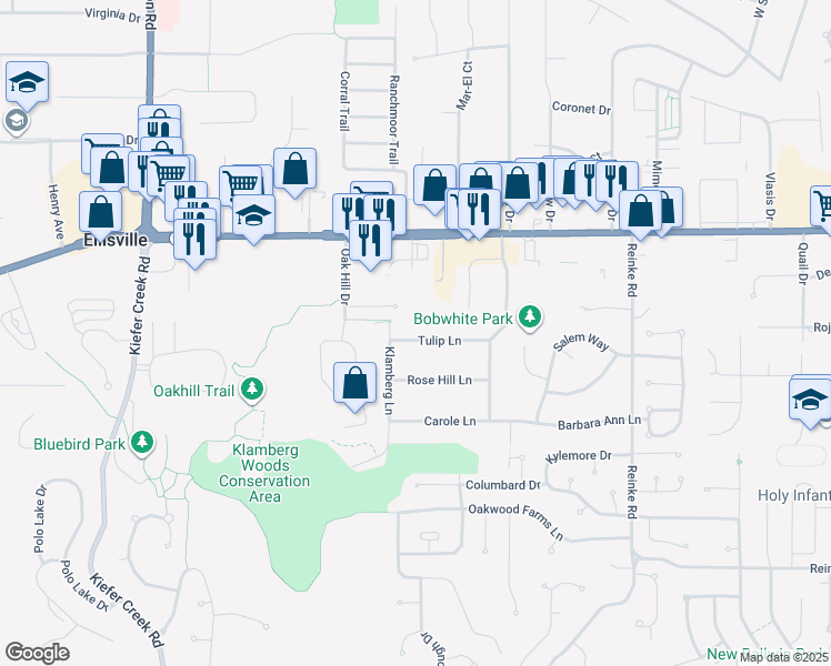 map of restaurants, bars, coffee shops, grocery stores, and more near 1178 Oak Hill Court in Ballwin