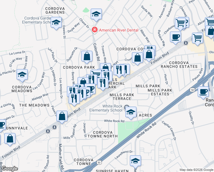 map of restaurants, bars, coffee shops, grocery stores, and more near 10451 Investment Circle in Rancho Cordova