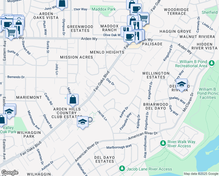 map of restaurants, bars, coffee shops, grocery stores, and more near 1610 Day Drive in Carmichael