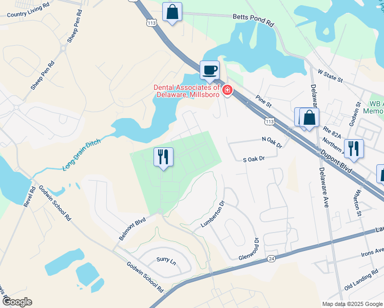 map of restaurants, bars, coffee shops, grocery stores, and more near 21108 Brunswick Lane in Millsboro