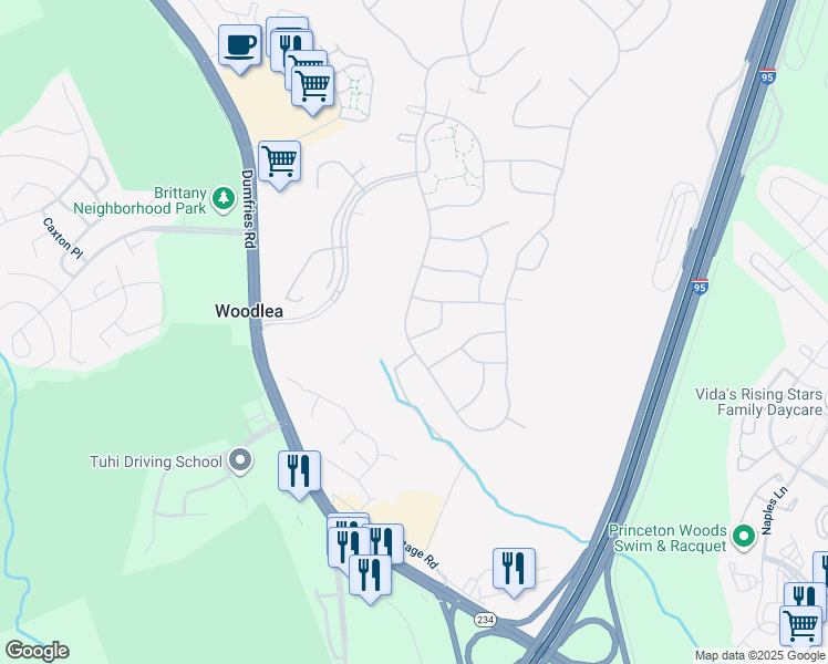 map of restaurants, bars, coffee shops, grocery stores, and more near 17590 Four Seasons Dr in Dumfries
