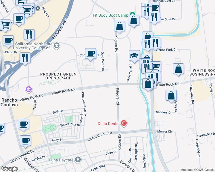 map of restaurants, bars, coffee shops, grocery stores, and more near 11080 White Rock Road in Rancho Cordova
