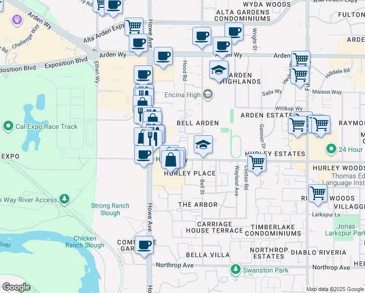 map of restaurants, bars, coffee shops, grocery stores, and more near 2257 Hurley Way in Sacramento