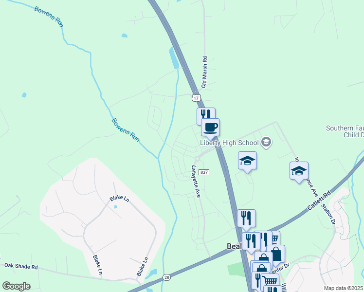 map of restaurants, bars, coffee shops, grocery stores, and more near 5153 Penn Street in Bealeton