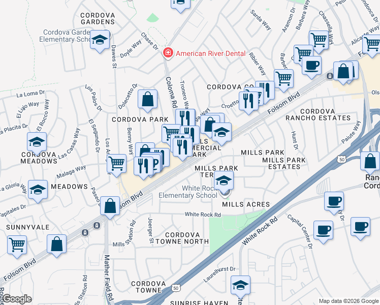 map of restaurants, bars, coffee shops, grocery stores, and more near 10401-10451 Investment Circle in Rancho Cordova