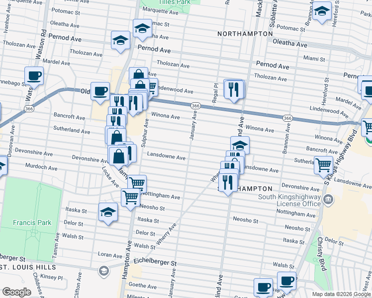 map of restaurants, bars, coffee shops, grocery stores, and more near 5600 Bancroft Avenue in St. Louis
