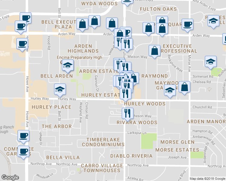 map of restaurants, bars, coffee shops, grocery stores, and more near 2501 Hurley Way in Sacramento