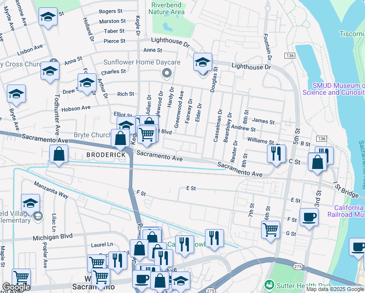 map of restaurants, bars, coffee shops, grocery stores, and more near 805 Fremont Boulevard in West Sacramento