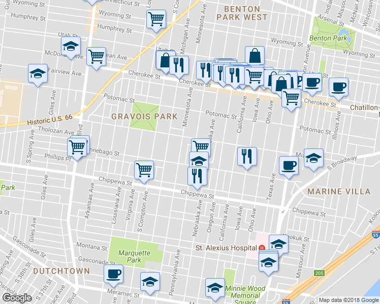 map of restaurants, bars, coffee shops, grocery stores, and more near 2920 Miami Street in St. Louis