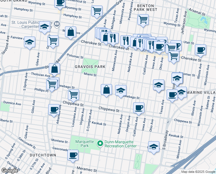 map of restaurants, bars, coffee shops, grocery stores, and more near 3100 Miami Street in St. Louis