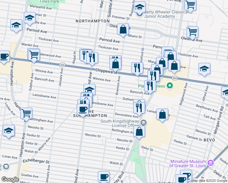 map of restaurants, bars, coffee shops, grocery stores, and more near 5223 Bancroft Avenue in St. Louis