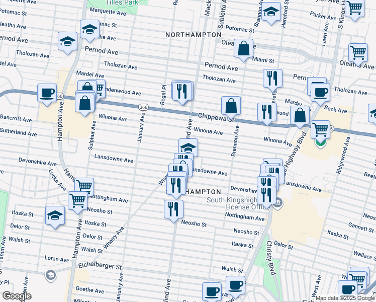 map of restaurants, bars, coffee shops, grocery stores, and more near 5353 Bancroft Avenue in St. Louis