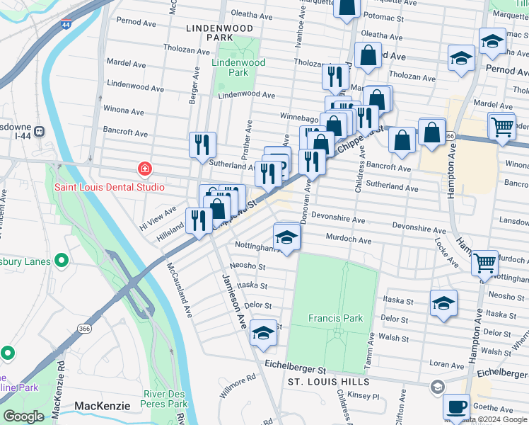 map of restaurants, bars, coffee shops, grocery stores, and more near in St. Louis