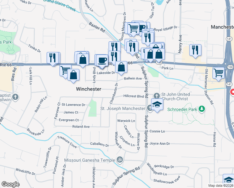 map of restaurants, bars, coffee shops, grocery stores, and more near 313 Orchard Avenue in Ballwin