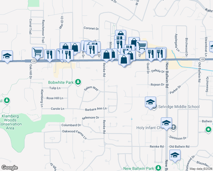 map of restaurants, bars, coffee shops, grocery stores, and more near 31 Reinke Road in Ellisville