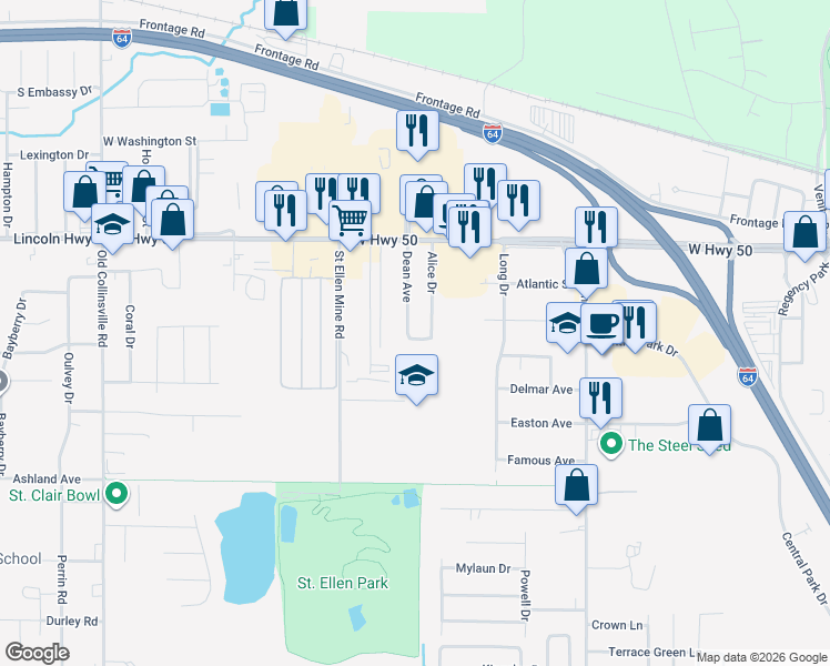 map of restaurants, bars, coffee shops, grocery stores, and more near 117 Alice Drive in O'Fallon