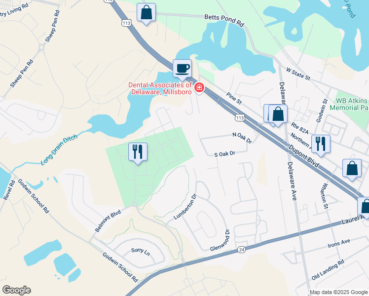 map of restaurants, bars, coffee shops, grocery stores, and more near 20928 Brunswick Lane in Millsboro