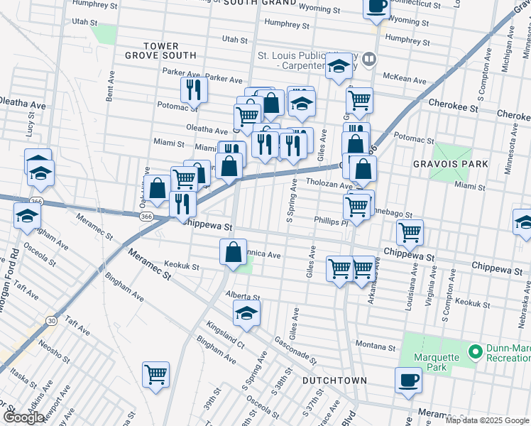 map of restaurants, bars, coffee shops, grocery stores, and more near 3715 Bamberger Avenue in St. Louis