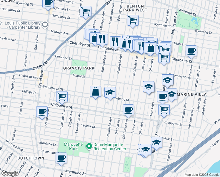 map of restaurants, bars, coffee shops, grocery stores, and more near 2920 Miami Street in St. Louis