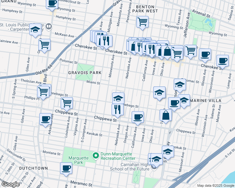 map of restaurants, bars, coffee shops, grocery stores, and more near 3628 Pennsylvania Avenue in St. Louis