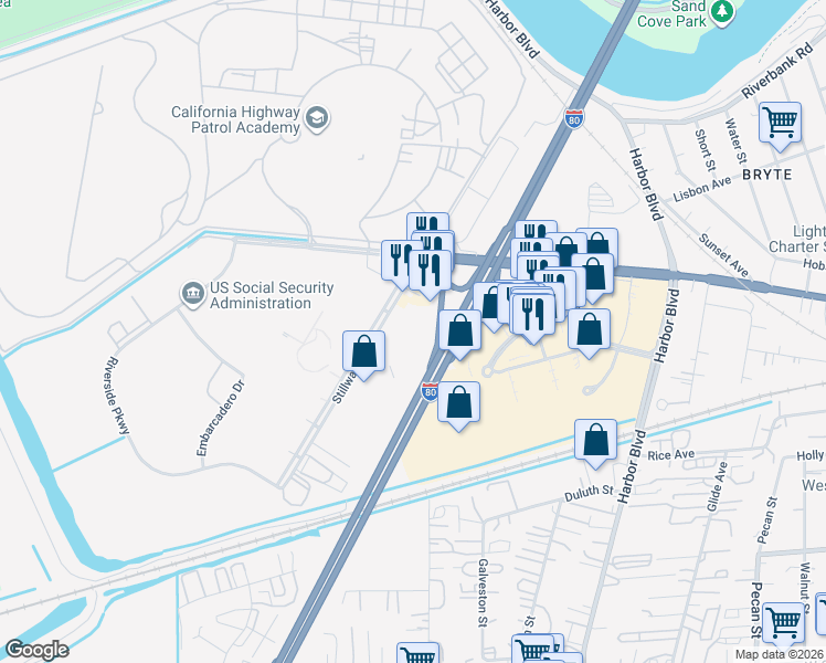 map of restaurants, bars, coffee shops, grocery stores, and more near 775 Stillwater Road in West Sacramento