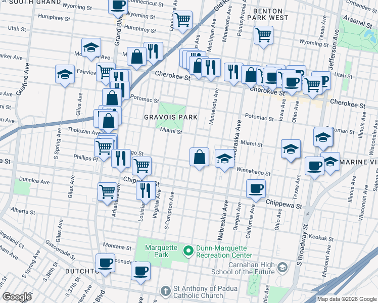 map of restaurants, bars, coffee shops, grocery stores, and more near 3615 Michigan Avenue in St. Louis