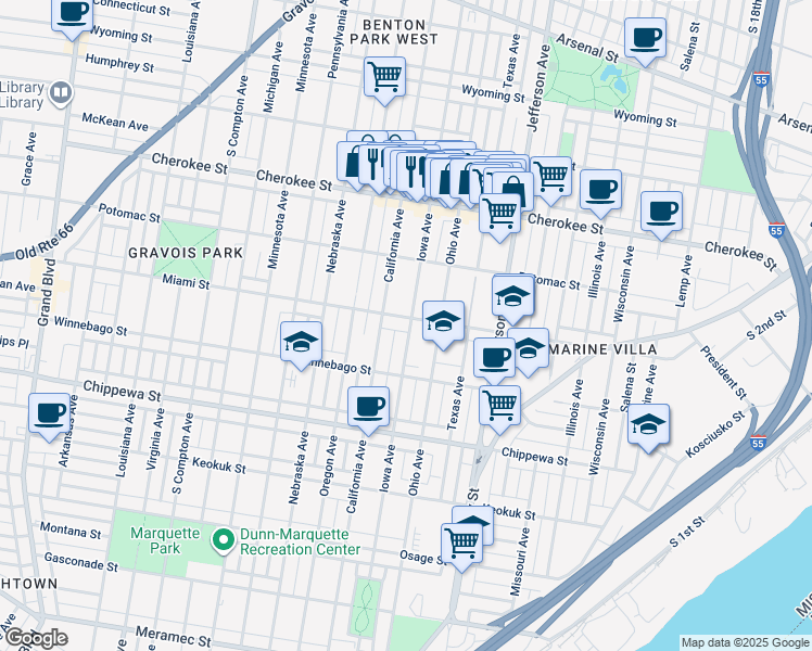 map of restaurants, bars, coffee shops, grocery stores, and more near 3546 Iowa Avenue in St. Louis
