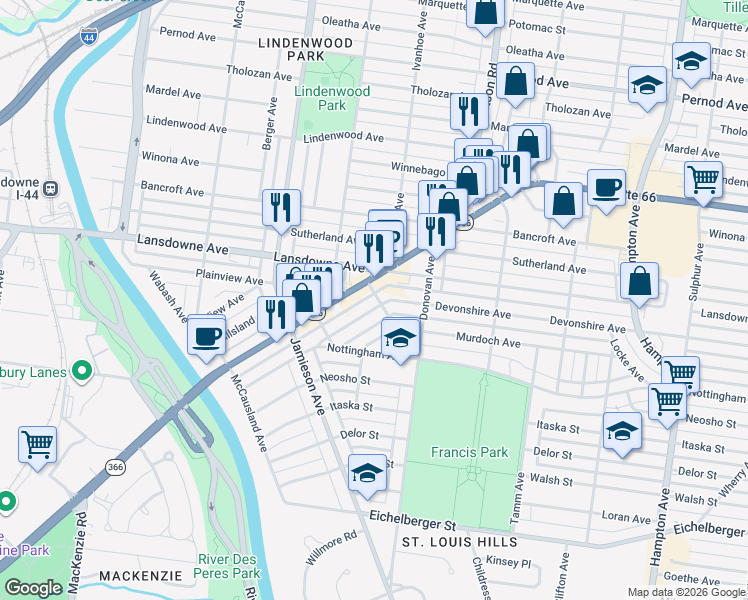 map of restaurants, bars, coffee shops, grocery stores, and more near in St. Louis